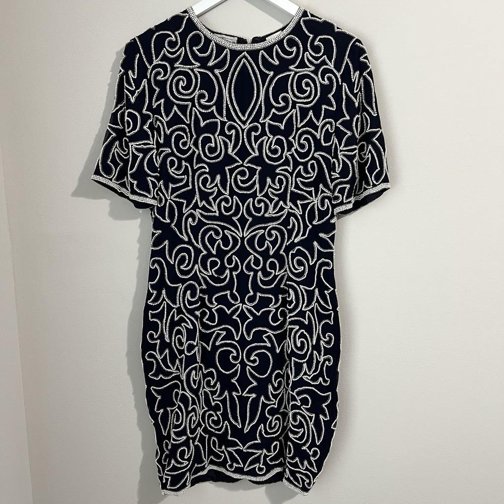 Vtg 80's Stenay Silk Dress Women's 6‎ Beaded Evening Cocktail Party Sheath Black